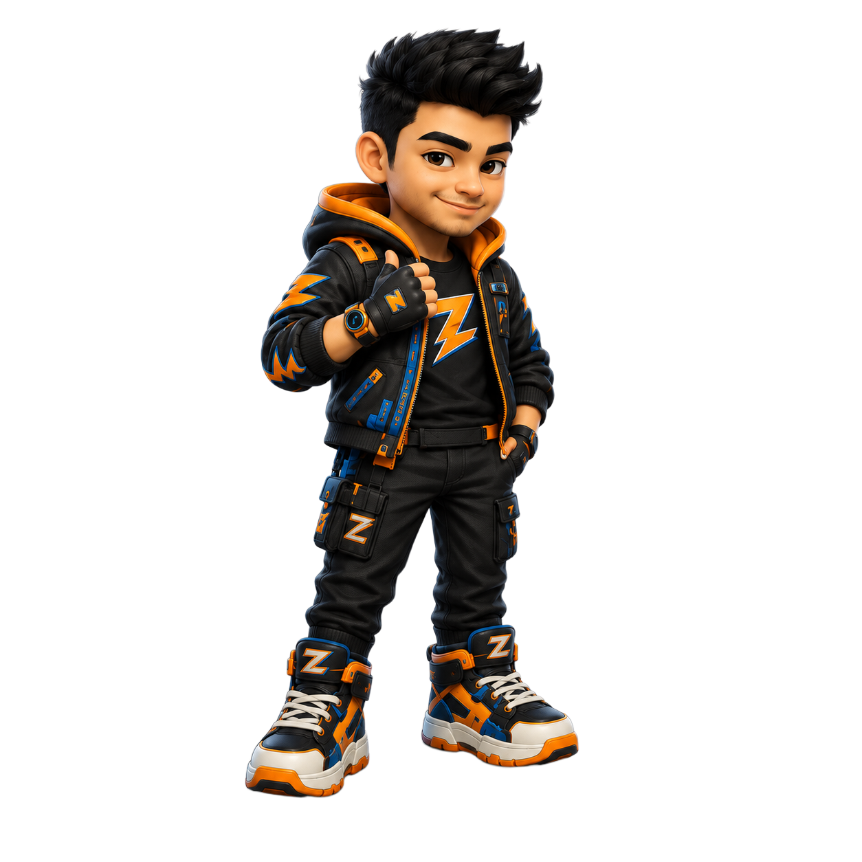 Zapiko mascot standing in a black, orange, and blue outfit